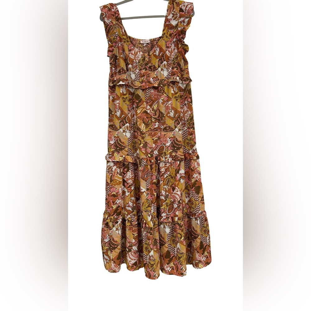 Harlow &‎ Rose Boho Tiered Midi L Dress Ruffle Strap Paisley Floral Cottagecore